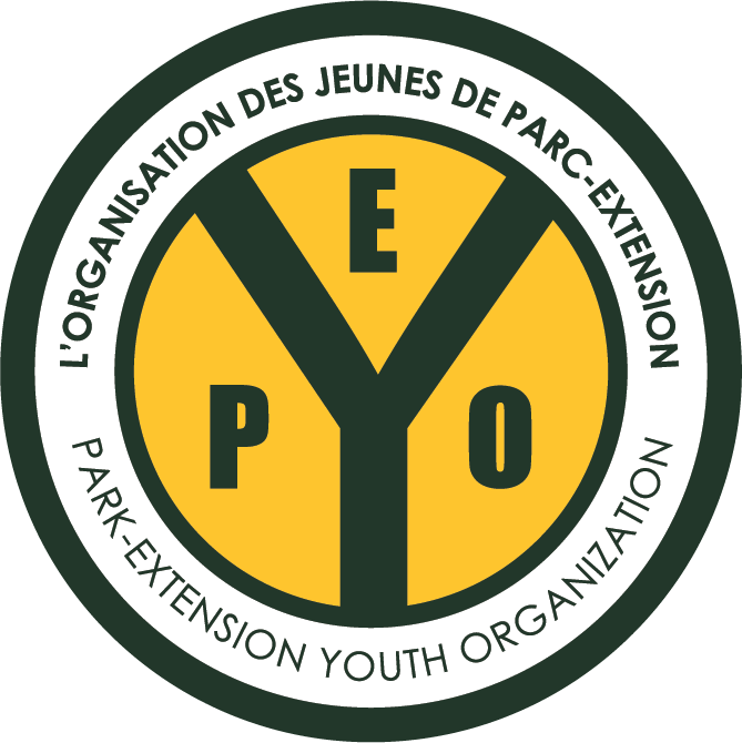 Logo of the Park-Extension Youth Organization (PEYO), featuring a circular design with a yellow and green color scheme. The acronym "PEYO" is incorporated into a stylized "Y" at the center, surrounded by the organization's name in both French and English.