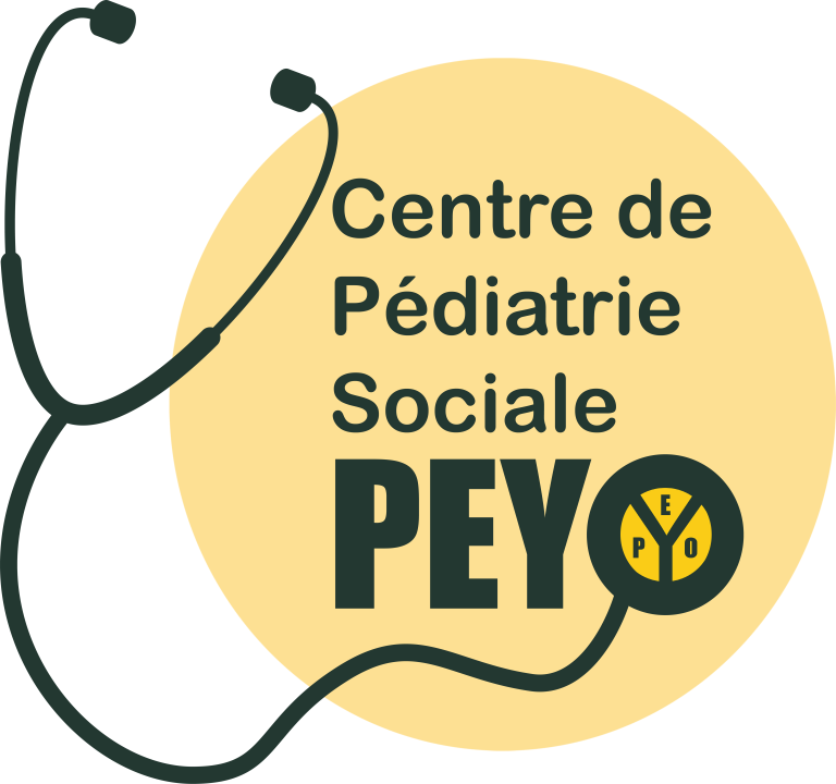 Logo of the Centre de Pédiatrie Sociale PEYO, featuring a yellow circular design with a stethoscope wrapped around it. The text "Centre de Pédiatrie Sociale PEYO" is displayed, with the PEYO logo incorporated into the stethoscope.