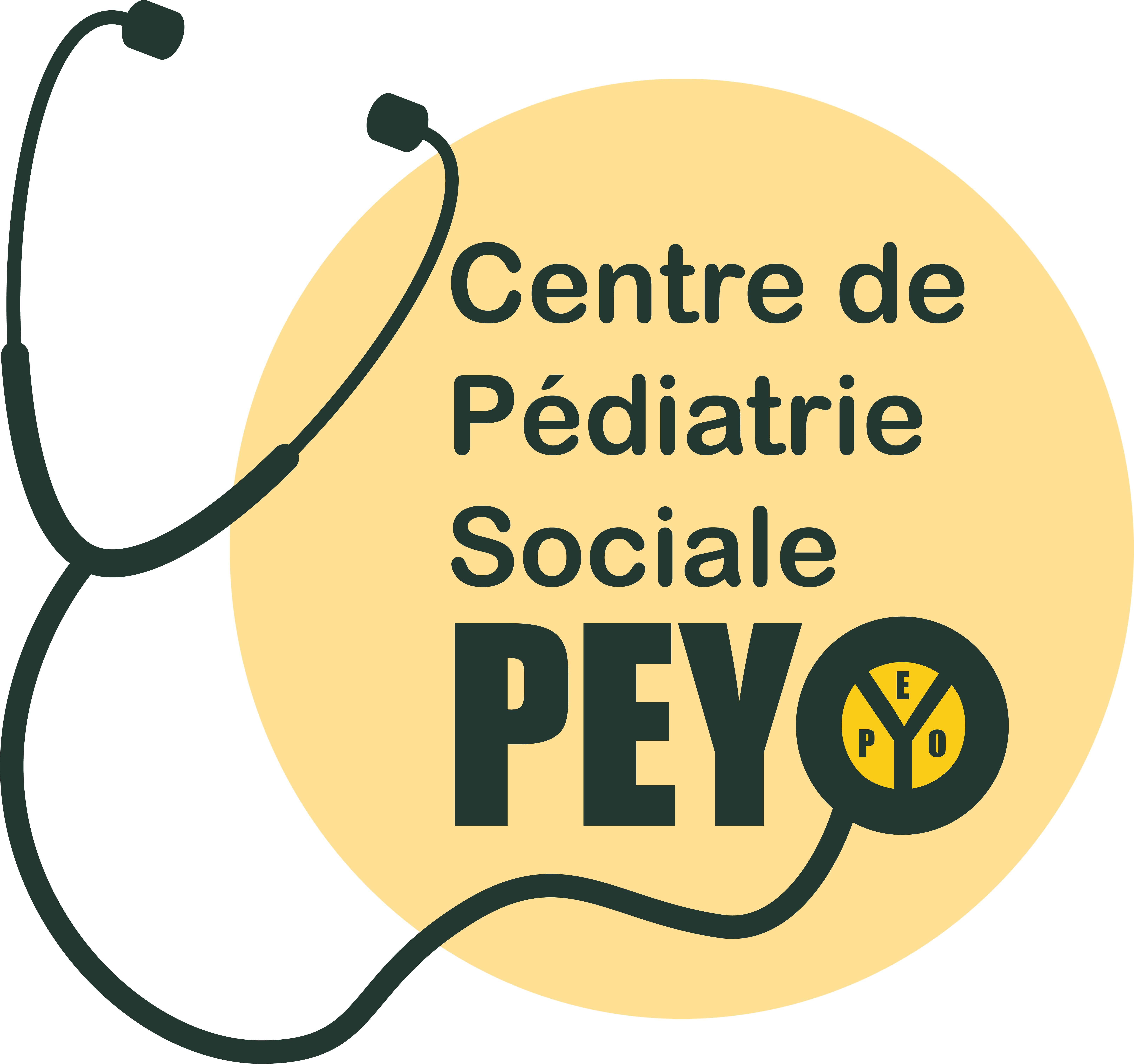 Logo of the Centre de Pédiatrie Sociale PEYO, featuring a yellow circular design with a stethoscope wrapped around it. The text "Centre de Pédiatrie Sociale PEYO" is displayed, with the PEYO logo incorporated into the stethoscope.