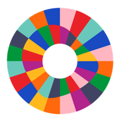 Multicolored circular emblem featuring vibrant segments in red, blue, green, pink, orange, and purple, symbolizing diversity, inclusivity, and unity.