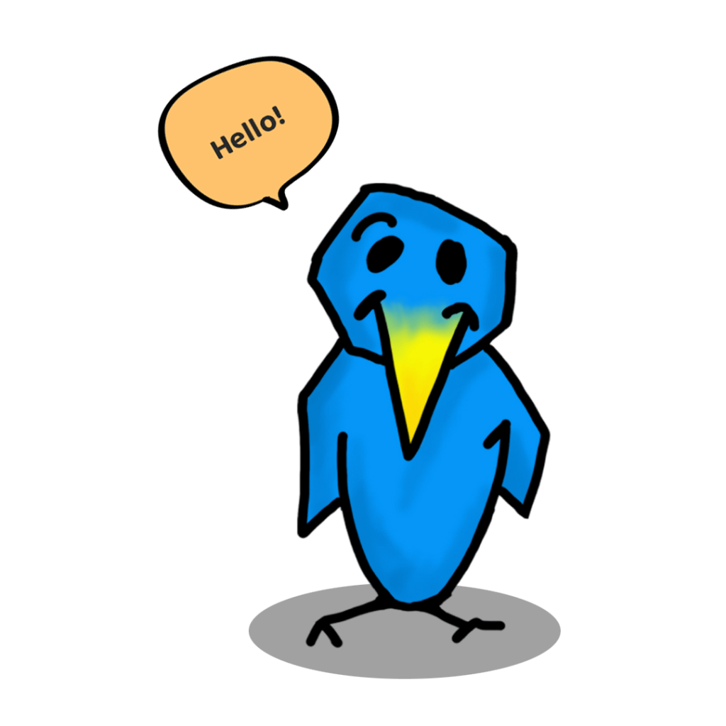 a light blue bird with yellow beak with a speech bubble saying hello
