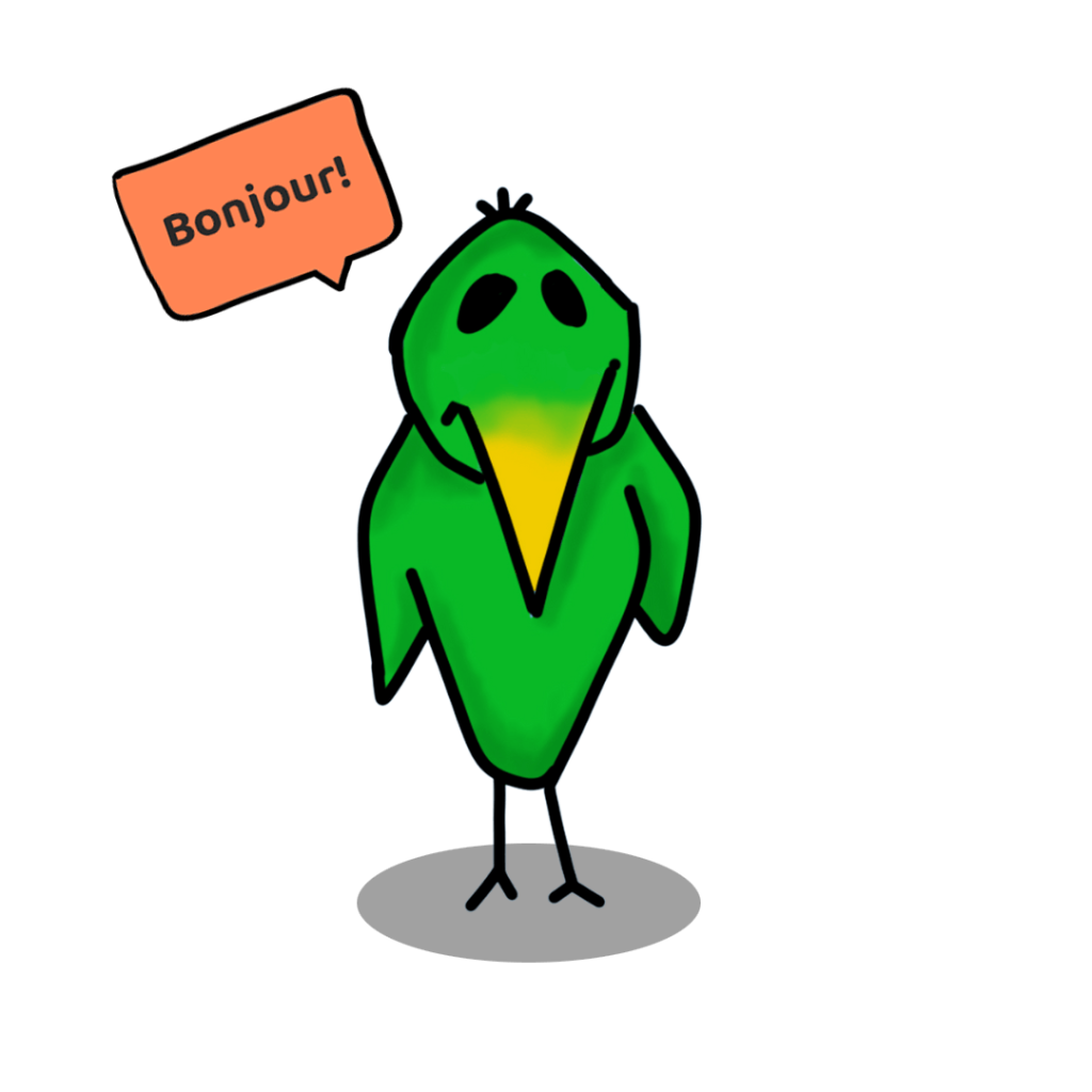 a green bird with yellow beak with a speech bubble saying hello in French language