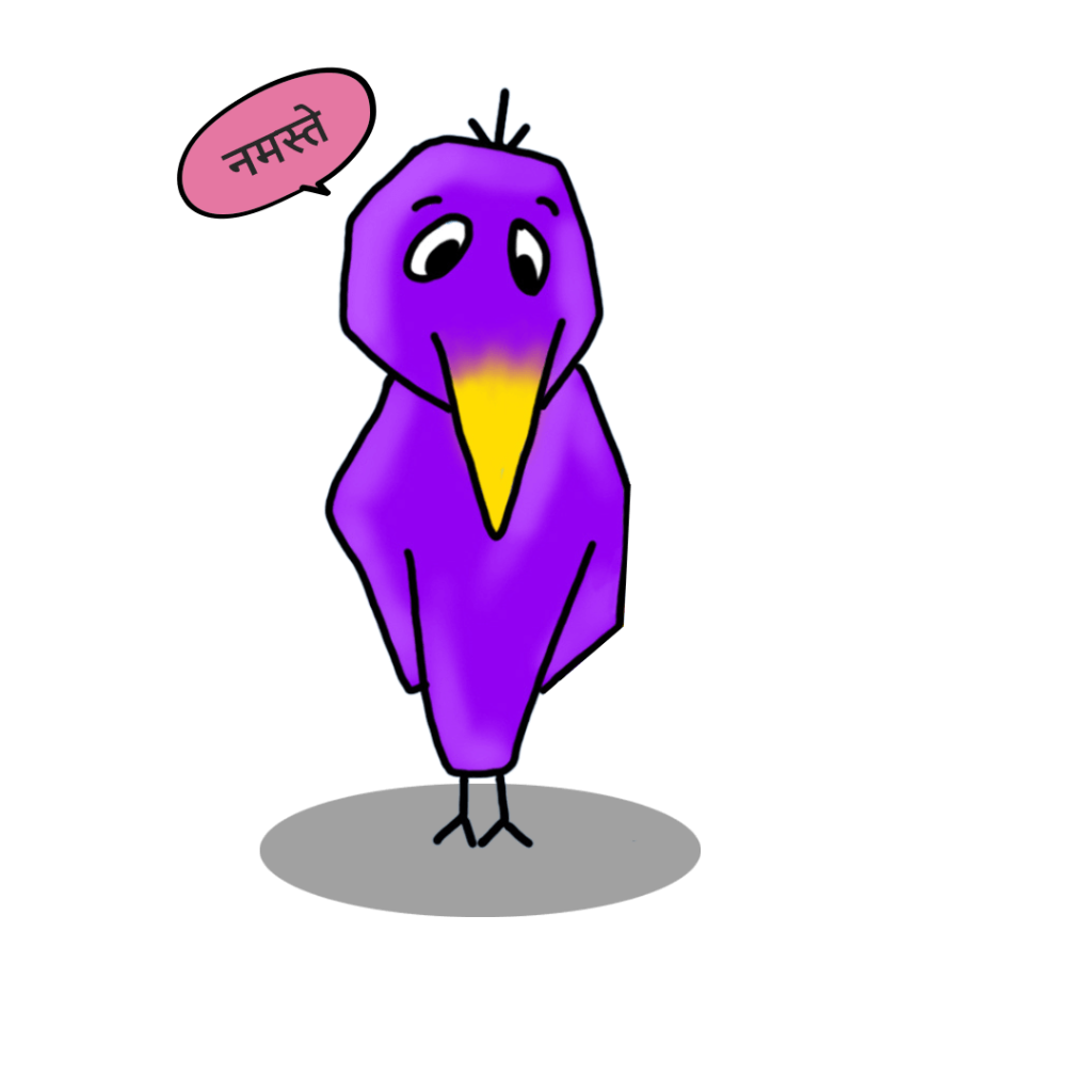 a purple bird with yellow beak with a speech bubble saying hello in Hindi language